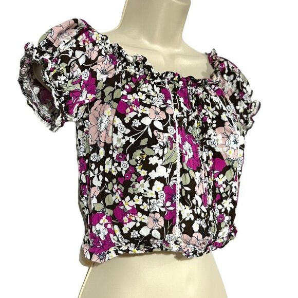 Coco + Jaimeson Women’s Brown Stone Floral Print Elastic Crop Top Blouse Size Me - Picture 3 of 13